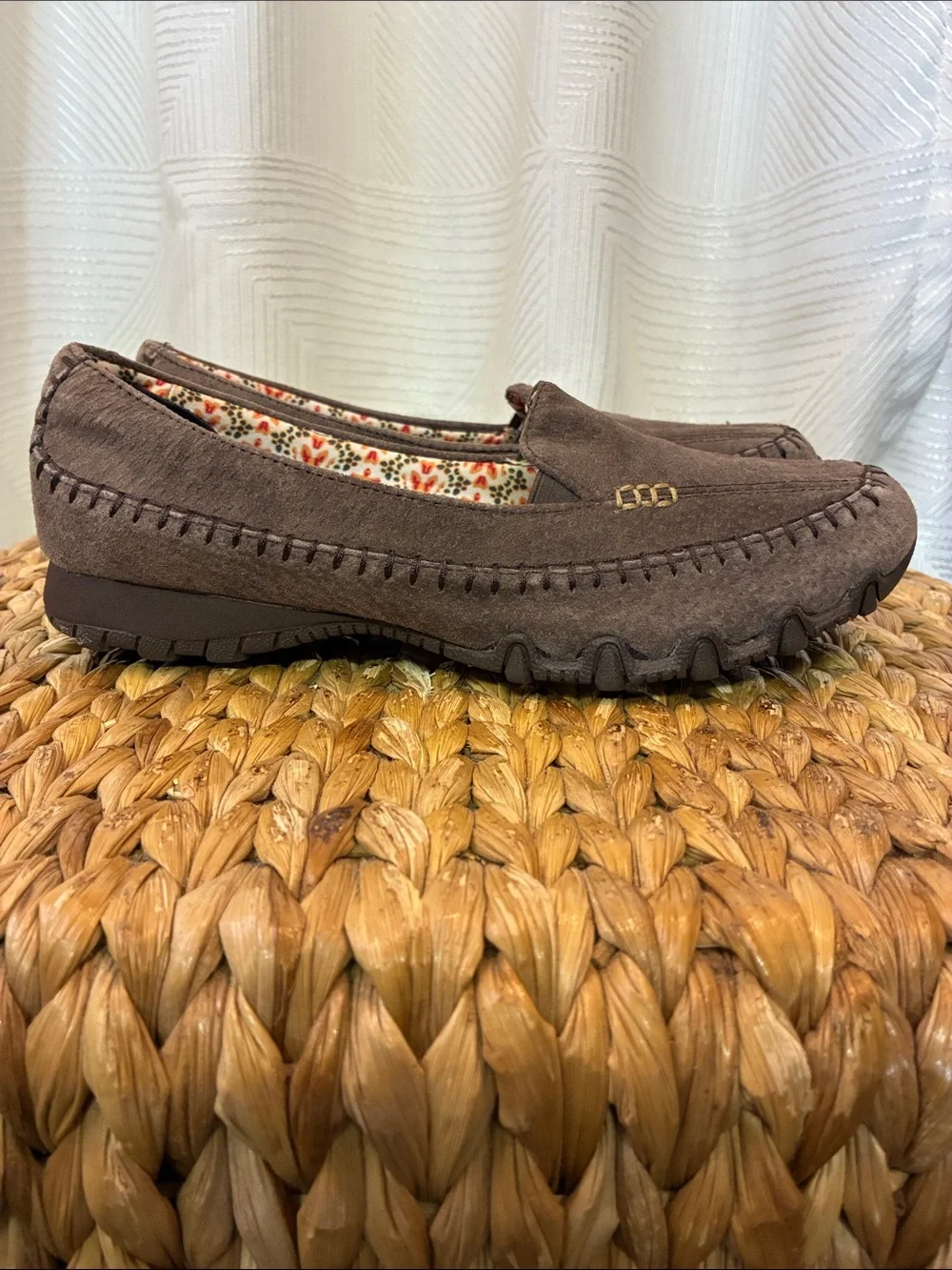 Skechers Brown Relaxed Fit Memory Foam Slip-Ons with Floral Lining